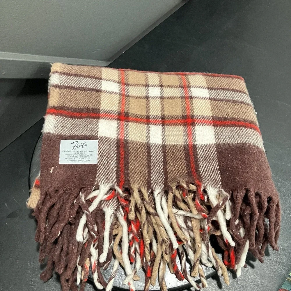 Faribault Woolen Mill Plaid Wool Throw Blanket Brown Red Cream Fringe